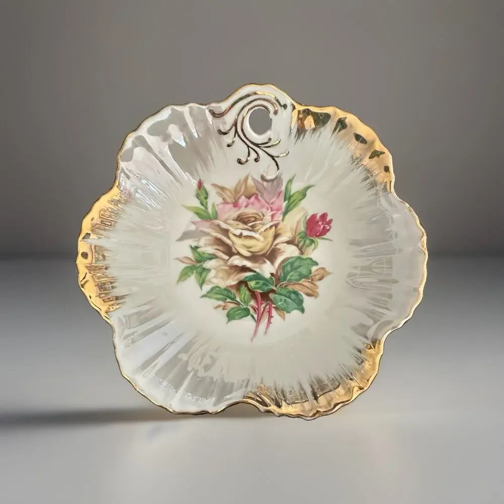 Vintage 1950s Trimont Ware Gold Trim Yellow Rose Trinket Bowl Decorative Dish EC